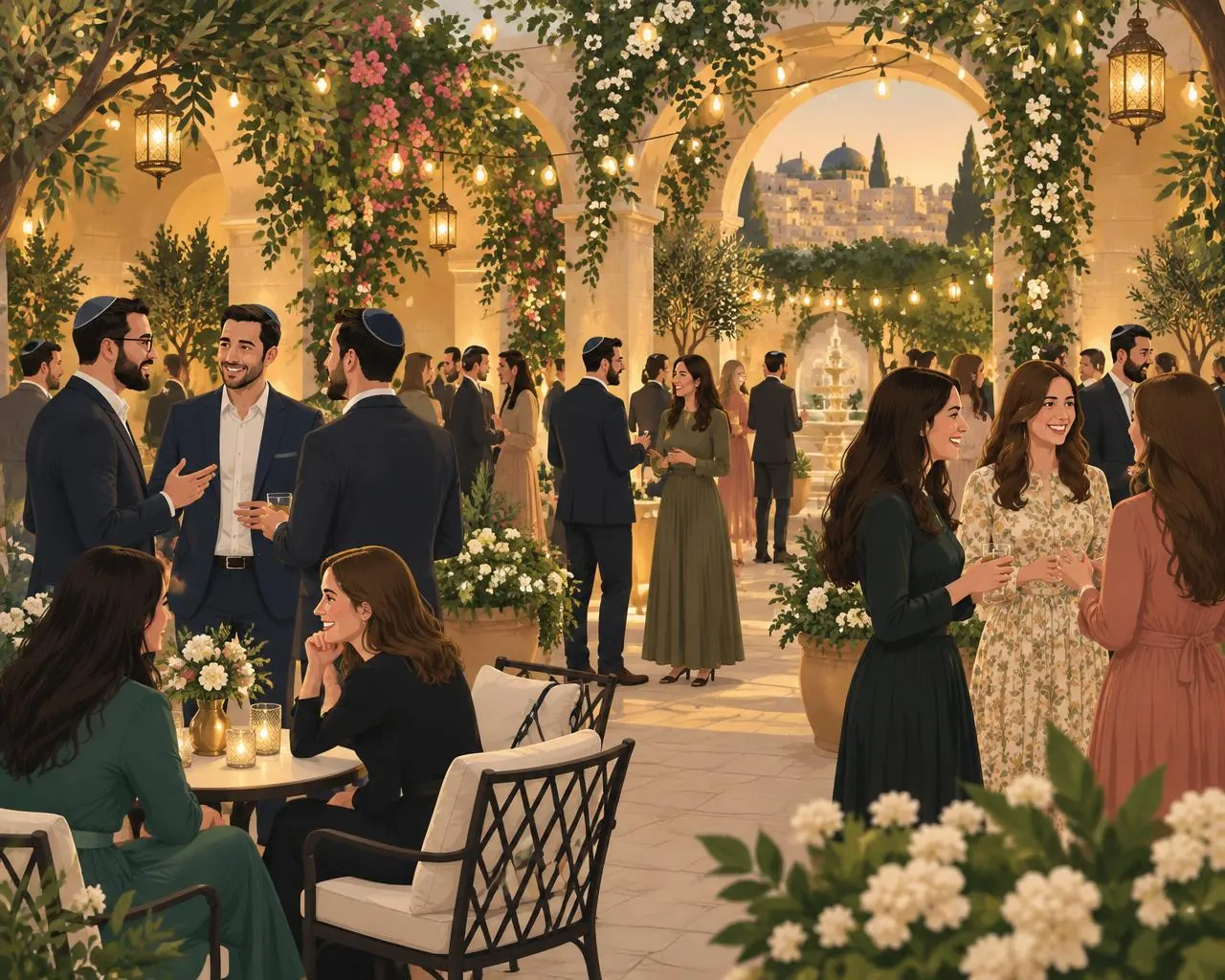 Illustration of Jewish singles mingling in an arched garden courtyard